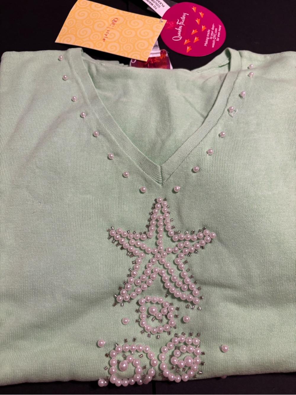 Quacker Factory NWT 2X Mint Green Beaded Pearl Christmas Tree Sweater V-Neck Hol